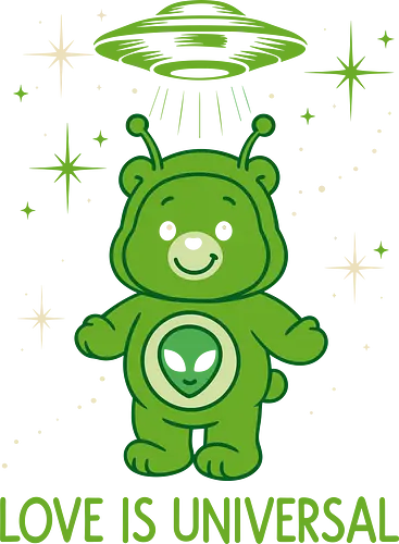 Love Is Universal" Alien Care Bear UFO Parody Art - Love is universal, alien, Care Bear parody, UFO, extraterrestrial, cute, funny, sci-fi, space, nostalgia, 80s, parody, alien bear, beaming up, flying saucer, outer space, universal love, love, ET, whimsical