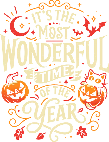 Spooky Wonderful Time - halloween quote, spooky season, typography design, lettering art, black cat, pumpkins, bats, moon, fall leaves, spooky vibes, gothic aesthetic, creepy cute, vintage style, trick or treat, dark art