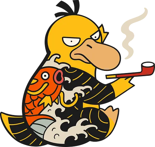 Psyduck Japanese Yakuza Tattoo Pop Culture Art - Psyduck, Pocket, Japanese art, yakuza, tattoo, koi fish, pop culture, mashup, anime, manga, video game, tattoo art, Japanese style, gangster, edgy, quirky, fan art, Pokémon art, retro gaming