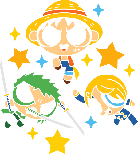 Cute Chibi Straw Hat Pirates Trio Pirate Art - Pirate, Straw Hat Pirates, pirate, Zoro, Sanji, chibi, cute anime, manga, anime art, fan merchandise, monster trio, kawaii, anime print, Japanese animation, shonen, fun, whimsical, adorable, anime fan