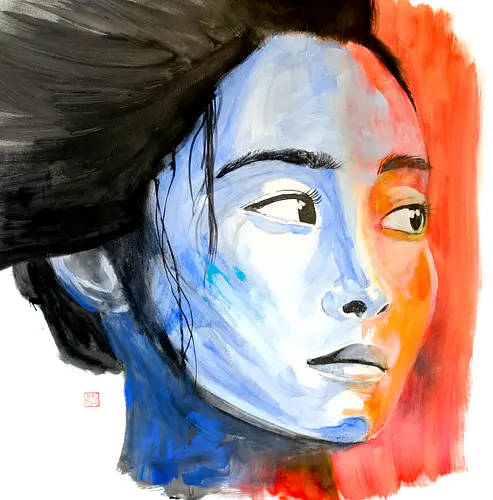 noriko in blue - woman, face, geisha, sumie, japan, red, blue
