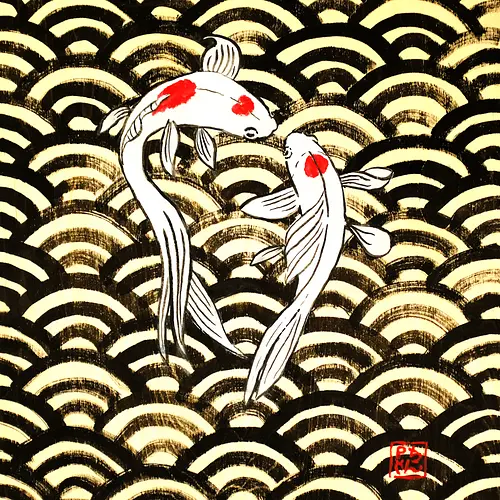 2 koi on wood - koi, carp, fish, sumie, japan, seigaiha