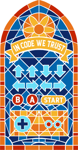 In Code We Trust - gamer, cheat code, console, controller, funny, gaming, geek, geometric, humor, nerd, nostalgia, old school, retro, stained glass, video game