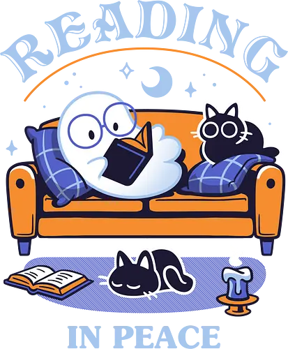 Ghost Reading in Peace - ghost, homebody, halloween, cute ghost, black cat, creepy cute, bookworm, cozy, haunted, paranormal, reading, gothic, kawaii, spooky season, cozy vibes