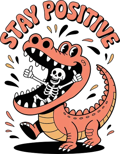 Stay Positive Dinosaur Skeleton - humorous skeleton design, stay positive t-shirt, funny skeleton shirt, dinosaur graphic tee, motivational humor shirt, quirky cartoon t-shirt, skeleton thumbs up shirt, positive message shirt, dinosaur skeleton shirt, funny streetwear tee, uplifting graphic t-shirt, cool dinosaur shirt