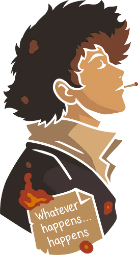 The Weight of Fate - Spike Spiegel, Cowboy, minimalist anime art, Whatever happens happens, Faye Valentine, Jet Black, Ed, Ein, anime poster, retro anime, Japanese animation, vector art, fan art, anime T-shirt design, anime print, Bebop, space bounty hunter
