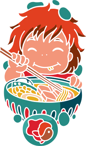 Ponyo's Ramen Delight - Japanese art, Ponyo, famous anime, Miyazaki, anime food, ramen, anime girl, minimalist anime art, Japanese animation, cute anime, Sosuke, Ponyo on the Cliff by the Sea, cute art, manga, Hayao Miyazaki, anime poster, retro anime
