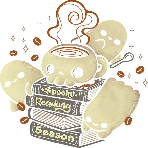 Spooky Reading Season - coffee bean, reading season, books, spooky cute, bookworm, creepy cute, ghost, coffee, halloween, fall, autumn, horror, skull cup, cozy, xmorfina