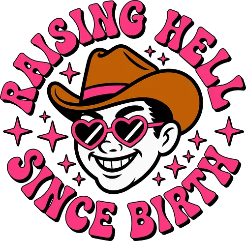 Raising Hell Since Birth Retro Funny - rebellious humor t-shirt, retro cowboy tee, funny statement shirt, streetwear graphic tee, bold vintage shirt, raising hell graphic shirt, aising hell since birth t-shirt, retro funny shirt, cowboy hat graphic tee, vintage western shirt, retro pink sunglasses shirt, outlaw style t-shirt