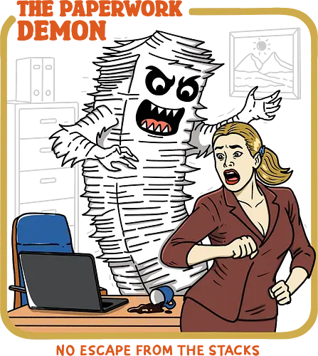 The Paperwork Demon - paperwork, demon, employee, burnout, tired, working, work life balance, sarcasm, office humor, office life, relatable, horror, salary