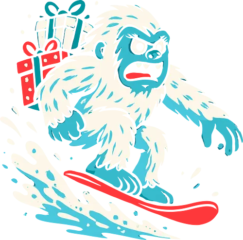 Yeti Snowboarding with Christmas Gifts - yeti, snowboard, snowboarding, christmas, gifts, winter, holidays, sports, snow, abominable snowman, cool, fun, adventure, festive, dynamic, skiing, gift, present, outdoors