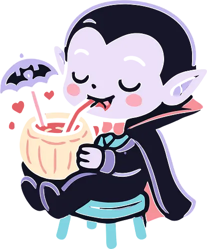 Cute Vampire Chilling - Blood-Sipping Summer Fun - vampire, cute, spooky, halloween, cartoon, blood, pumpkin, drink, chilling, chilling, relax, monster, goth, aesthetic, quirky, fun, summer, kawaii, bat, umbrella, love, hearts