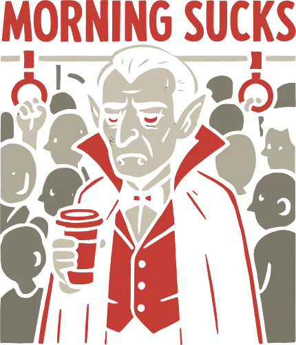 Morning Sucks - Grumpy Vampire Commuter - vampire, morning, sucks, commute, grumpy, coffee, subway, bus, funny, relatable, spooky, halloween, humor, night owl, goth, undead, dark humor, tired, sleepy