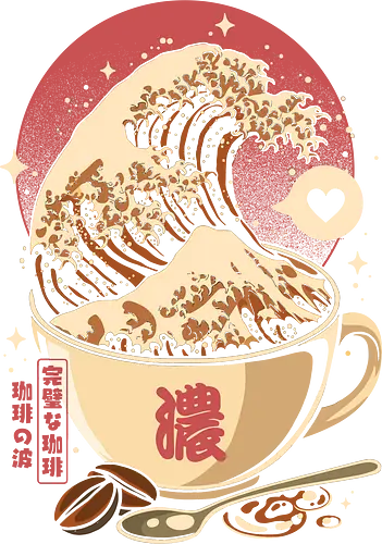 The Great Wave of Cappuccino Sunset - beverage, coffee, caffeine, lm2kone, barista, coffee cup, cool, kanji, japan, japanese, love, anime, manga, food, kanagawa, the great wave of kanagawa, the great wave