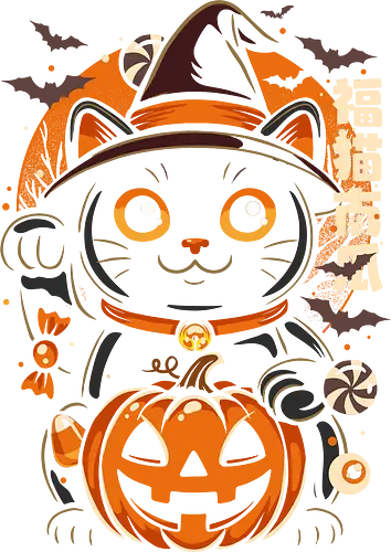 Lucky Cat Halloween - lucky cat, cat, japan, pumpkin, cool, cute, funny, horror, geek, halloween, happy halloween, candy, maneki neko, kanji, monster, kitty, kitten, candy corn