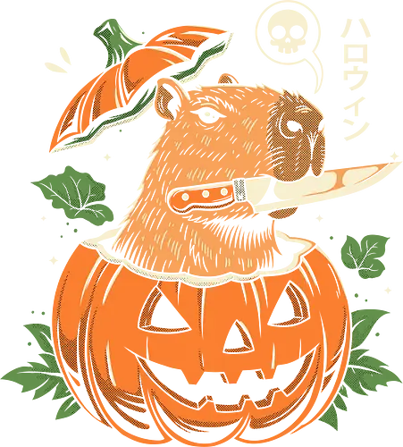 Pumpkin Capybara Slayer - spooky, animals, quirky, scary, humor, parody, halloween, capybara, pumpkin, funny, creepy, cartoon, unique, odd, weird, creature, night, season, autumn, witchy