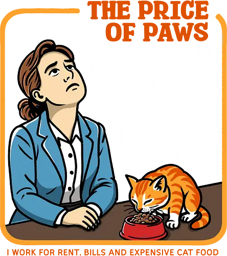 The Price of Paws - sarcastic, retro humor, funny cat design, overworked employee, need a raise, more money please, cat owner struggles, salary increase joke, work life humor, paycheck goes to cat, vintage vector, exhausted worker, coffee and cat, ironic retro poster