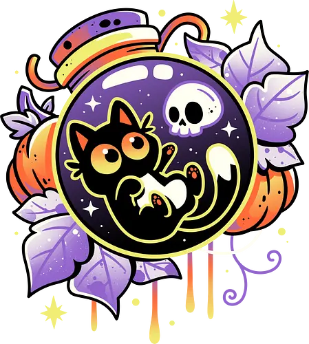 Halloween Bottled Kitten - black cat, autumn, creepy cute, skull, pumpkin season, halloween, gothic, potion bottle, pastel goth, spooky cute, witchy vibes, fall, magic, kawaii