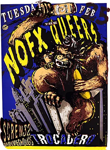 NOFX + The Queers – Offizielles Konzertposter (Trocadero – Tour Poster) - NOFX, The Queers, Loja MacacoRato, Konzertposter, Gig Poster Sammler, Punk Poster, Trocadero Poster, Pop-Punk Kunst, Skate Art Poster, bitterer Humor, kalifornischer Punk, Tourposter, Punk Memorabilia, Siebdruck Poster, Vintage Design