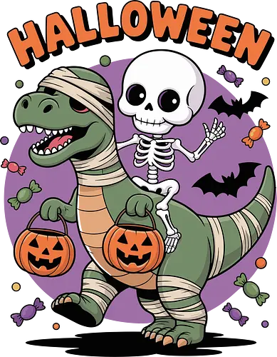 Halloween Dinosaur and Skeleton  - Halloween, dinosaur, skeleton, trick-or-treating, mummy, T-Rex, spooky, cute Halloween, kids Halloween, Halloween art, festive, candy, jack-o'-lantern, bats, holiday, October, funny Halloween, dinosaur Halloween, skeleton riding dinosaur, whimsical Halloween