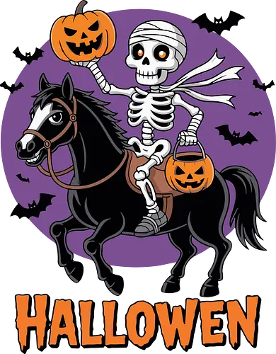 Halloween Skeleton Trick-or-Treating on a Horse Art - Halloween, skeleton, horse, trick-or-treating, spooky, mummy, equestrian, horseback riding, Halloween art, festive, bats, pumpkin, jack-o'-lantern, funny Halloween, Halloween decor, holiday, October, horse lover, skeleton horse rider, classic Halloween
