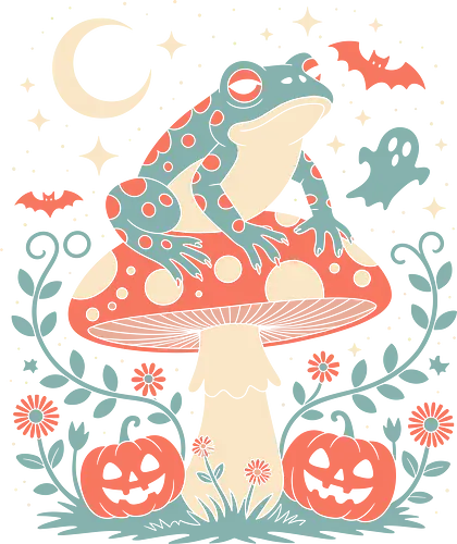 Spooky Cute Halloween Frog on Mushroom  - Halloween, frog, mushroom, spooky cute, cute Halloween, jack-o'-lantern, bat, ghost, moon, stars, whimsical, charming, adorable, fall decor, holiday, October, fantasy, magical, nature, amphibian, toad