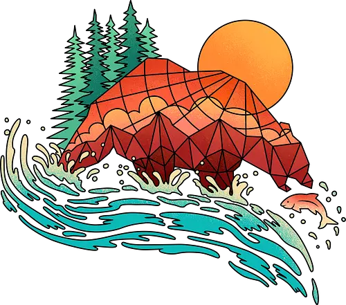 Wild Balance - Bear Catching Fish - nature, abstract, adventure, animal, autumn, bear, camping, fall, fish, geometric, mountain, salmon, stained glass, vacation, wildlife