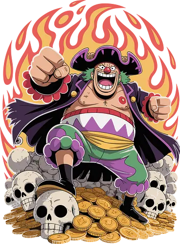 Buggy the Clown Pirate Pirate King Treasure Art - Pirate, anime, manga, pirate, treasure, gold coins, skulls, pirate king, Shichibukai, anime art, fan merchandise, Grand Line, Chop-Chop Fruit, villain, anime print, Japanese animation, shonen, clown pirate, The Clown, Pirates