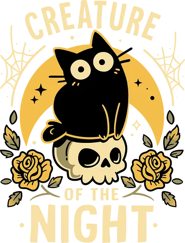 Gothic Night Cat - black cat, skull lover, halloween, spooky cat, creepy cute, gothic vibes, horror cat, creature of the night, witchy, crescent moon, lunar, nocturnal, quirky cat, roses, occult