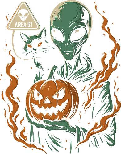Halloween Area 51 - halloween alien, alien art funny, black cat halloween, cosmic halloween, area 51 halloween, sci-fi halloween art, intergalactic pumpkin, alien halloween tee, funny alien halloween, vintage sci-fi art, halloween gift, halloween retro design, alien with cat, spooky alien design