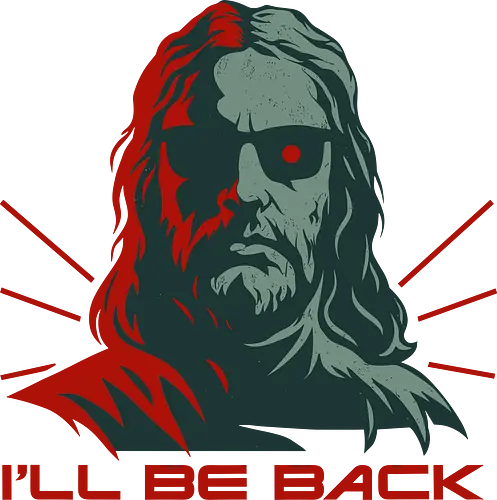 I'LL BE BACK - monochrome, fusion, iconic, bold, statement, graphic, stylized, shadow, red accents, phrase
