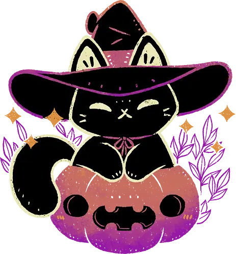 Cute Halloween Cat on Pumpkin - halloween, black cat, pumpkin, witch, creepy cute, spooky cute, witchy, witch hat, purple, goth, kawaii, occult, pink, magic, xmorfina
