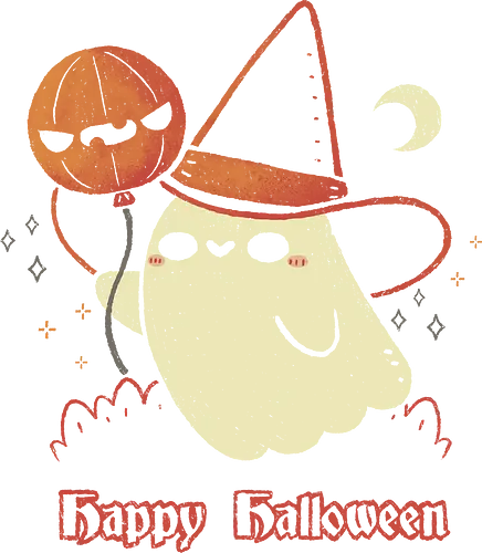 Happy Halloween Spooky Cute Ghost - happy halloween, halloween, ghost, witch hat, halloween pumpkin, balloon, spooky cute, creepy cute, goth, kawaii, moon, boo, festive, orange, xmorfina