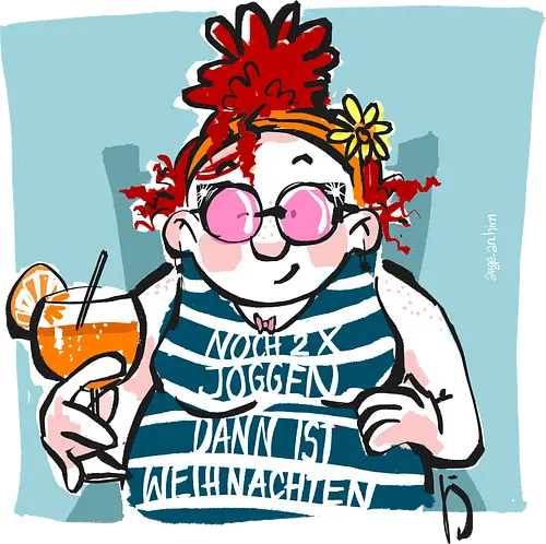 Ringeldinger "Noch 2 x Joggen..." - Humor, Joggen, Sport, Sportmuffel, Selbstironie, Streifenpulli, Spruchshirt deutsch, Ringelpullisprüche, Ringeldinger, streifenweise, Spruch, Weisheit, Motivation, Ringelpulli, Sprüche Shirt, Cartoon Illustration, Statement Shirt, Handgezeichnet