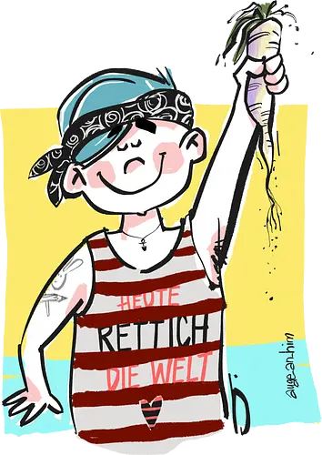 Ringeldinger "Heute RETTICH die Welt" - Ringelpullisprüche, Ringeldinger, streifenweise, Spruch, Weisheit, Motivation, Ringelpulli, Sprüche Shirt, Cartoon Illustration, Statement Shirt, Gemüse, Rettich, Handgezeichnet, Humor, Selbstironie, Streifenpulli, Spruchshirt deutsch