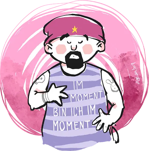 Ringeldinger "Im Moment .." - Ringelpullisprüche, Ringeldinger, streifenweise, Spruch, Weisheit, Motivation, Ringelpulli, Sprüche Shirt, Cartoon Illustration, Statement Shirt, Handgezeichnet, Achtsamkeit, Meditation, chillen, Humor, Selbstironie, Streifenpulli, Spruchshirt deutsch