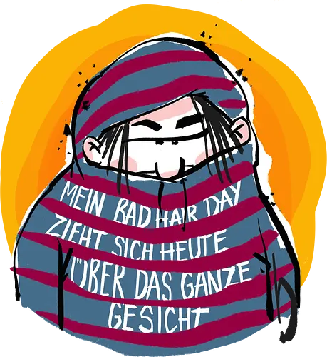 Ringeldinger "Mein Bad Hair Day .." - Ringelpullisprüche, Ringeldinger, streifenweise, Spruch, Weisheit, Motivation, Ringelpulli, Sprüche Shirt, Cartoon Illustration, Badhairday, Style, Beauty, Statement Shirt, Handgezeichnet, Humor, Selbstironie, Streifenpulli, Spruchshirt deutsch