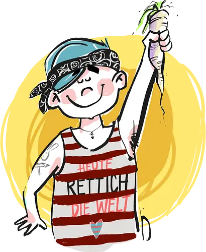 Ringeldinger "Heute RETTICH die Welt!" - Ringelpullisprüche, Ringeldinger, streifenweise, Spruch, Weisheit, Motivation, Ringelpulli, Sprüche Shirt, Cartoon Illustration, Statement Shirt, Gemüse, vegan, Handgezeichnet, Humor, Selbstironie, Streifenpulli, Spruchshirt deutsch