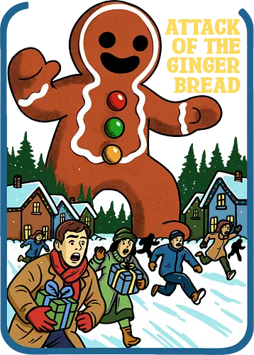Attack of the Gingerbread  - retro horror, Christmas horror, retro Christmas, vintage Christmas, gingerbread attack, gingerbread monster, absurd, Christmas parody, humor, gingerbread