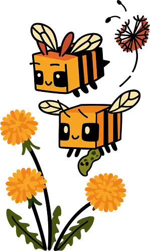 Busy Block Bees - geek art, mob, nature, charming, Minecraft bee, cute bee, cube bee, gaming, video game, fan art, t-shirt design, art print, blocky, dandelion, kawaii, wholesome, gamer gift