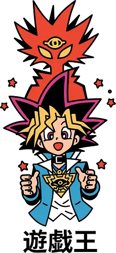 Duel King's Shadow - retro anime, Duel Monsters, geek art, pop culture, Yugi Muto, Yami Yugi, Yu-Gi-Oh, Yugioh, King of Games, Millennium Puzzle, anime, trading card game, TCG, fan art, t-shirt design, art print, kawaii, chibi