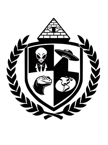 Conspiracy University Meme - University, college, fun, funny, memes, meme, internet, humor, parody, coat of arms, shield, Extraterrestrial, grey alien, alien, Conspiracy, UFO, Illuminati, pyramid, lizard folk, flat earth, earth