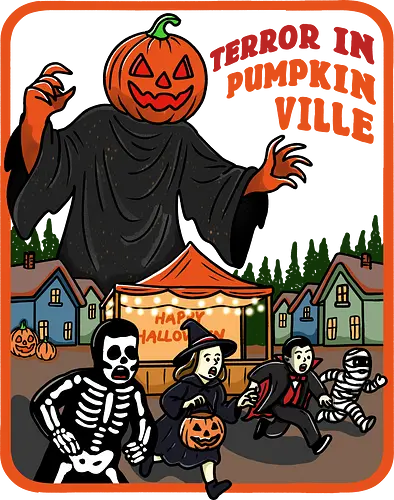 Terror in Pumpkinville - halloween terror, Halloween night, retro Halloween, vintage Halloween, pumpkin head, Halloween night, chaos, spooky season, trick or treat, creepy cute, skeleton