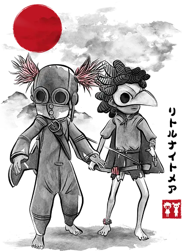 Low and Alone sumi e - video games, gamer, gaming, pink, painting, retro, cute, little nightmares III, cosplay
