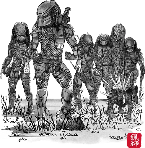 Seven hunters sumi e - predator badlands, predator, alien, halloween, japan, japanese art, sumi e, sci fi, movies