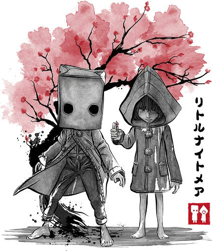 Six and Mono sumi e - video games, gamer, gaming, pink, painting, retro, cute, little nightmares III, cosplay