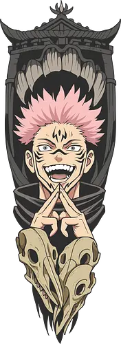 King of Curses: Sukuna's Domain - fan art, t-shirt design, art print, villain, dark art, pink hair, geek art, tattoo style, curse, Sukuna, Ryomen Sukuna, Jujutsu, JJK, King of Curses, Domain Expansion, Malevolent Shrine, anime, manga