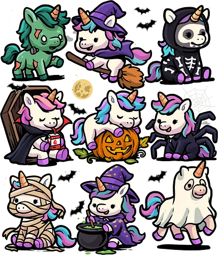Spooky Unicorns - unicorn halloween, enchanted, fantasy, ghost, halloween, halloween unicorn, halloweentee, horror, magic, mummy, october, scary, unicorn, vampire, zombie unicorn