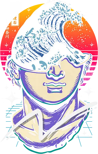 The Great Wave Of Greek Statue - néon, bureau, popart, rétro, statue, coucher de soleil, 8 bits, exposition, jeux, décoration intérieure, kanagawa, lm2kone, moderne, synthwave, vague