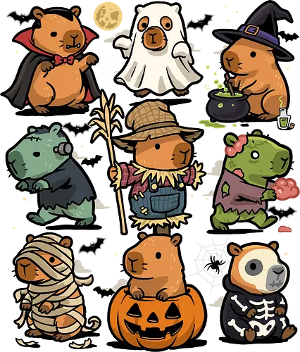 Spooky Capybaras - halloween capybara, capybara, halloween, spooky, rodent, animal, funny capybara, capybara lover, ghost, capy, zombie, vampire, mummy, pumpkin